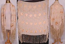 Antique Cream Silk Floral Embroidered Fringe Boho Wedding Piano Shawl