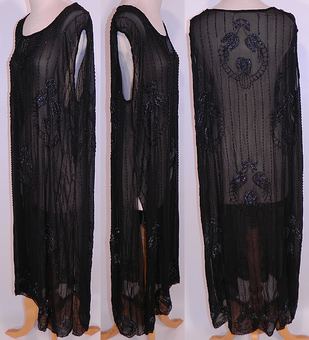 Vintage Art Deco Black Sheer Silk Chiffon Beaded Tulip Flower Flapper Dress. This fabulous flapper dress has a loose fitting tunic shift style, with side slits, sleeveless with wide arm holes and is sheer, unlined.