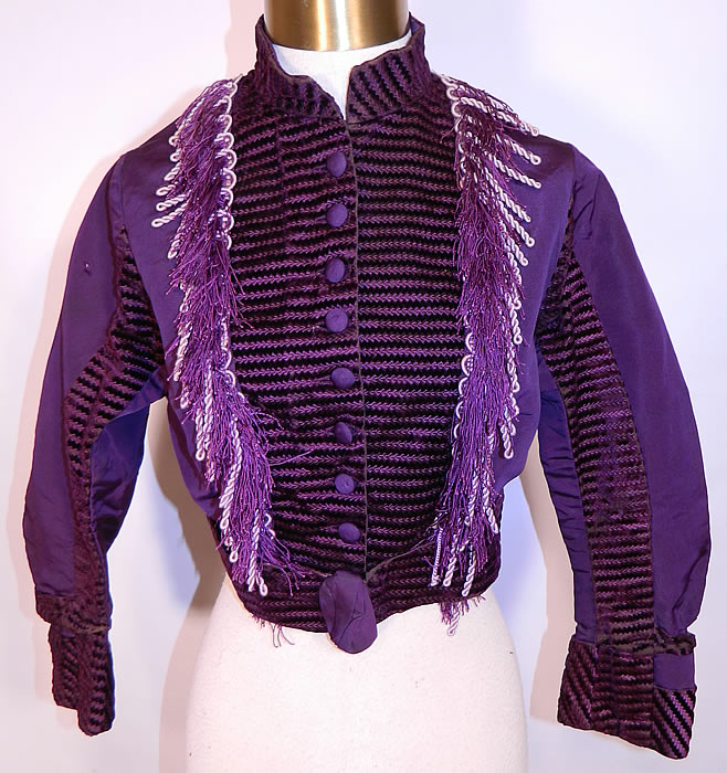 Victorian Purple Plum Silk Velvet Fringe Trim Belted Bodice Top. This antique Victorian era purple plum silk velvet fringe trim belted bodice top dates from the 1870s. This is truly a wonderful piece of  Victoriana wearable art! 