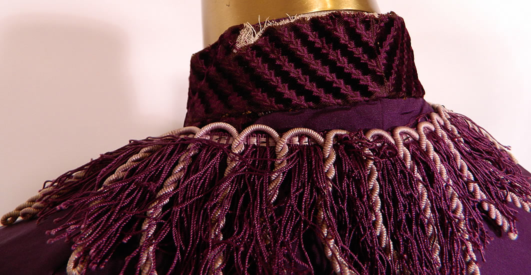 Victorian Purple Plum Silk Velvet Fringe Trim Belted Bodice Top. It is in good condition, with only a tiny hole on the sleeve and a small fray on the back neck collar (see close-up).