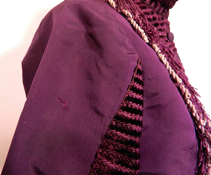 Victorian Purple Plum Silk Velvet Fringe Trim Belted Bodice Top. It is in good condition, with only a tiny hole on the sleeve and a small fray on the back neck collar (see close-up).