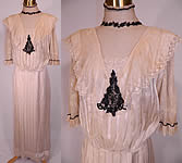 Edwardian Cream Silk Striped Net Lace Black Jet Beaded Dress