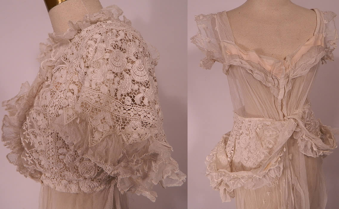 Edwardian Embroidered White Net  Lace Graduation Wedding Dress. It is sheer, with the skirt unlined and the top has a built in net camisole lining with hook closures (see close-up). 