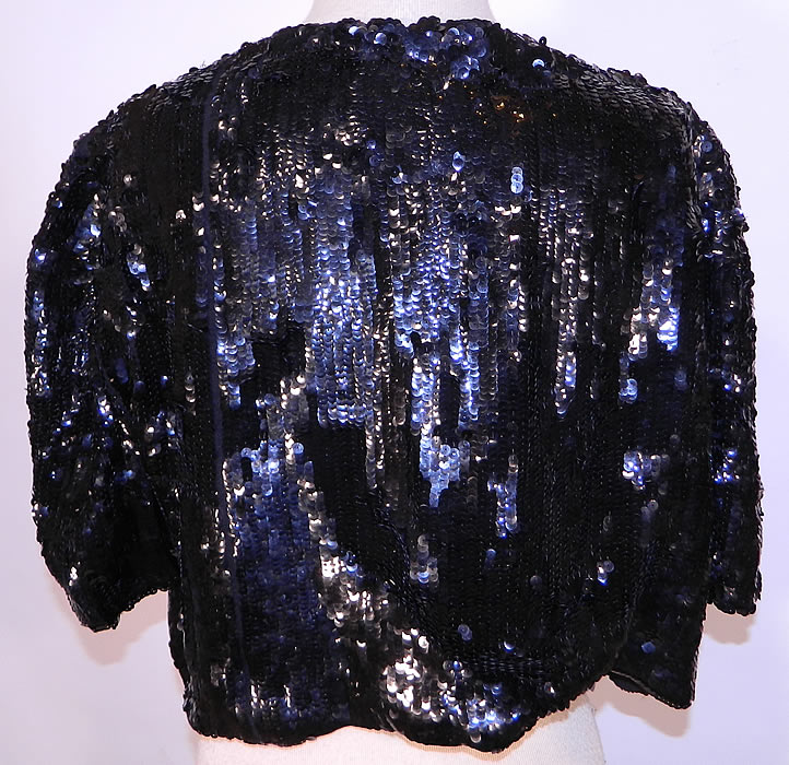 Vintage Black Sequin Beaded Rhinestone Clasp Cropped Bolero Evening Jacket. This is truly a wonderful piece of wearable beaded art! 