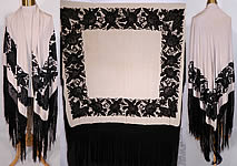 Antique Black & White Floral Butterfly Silk Embroidered Canton Piano Shawl