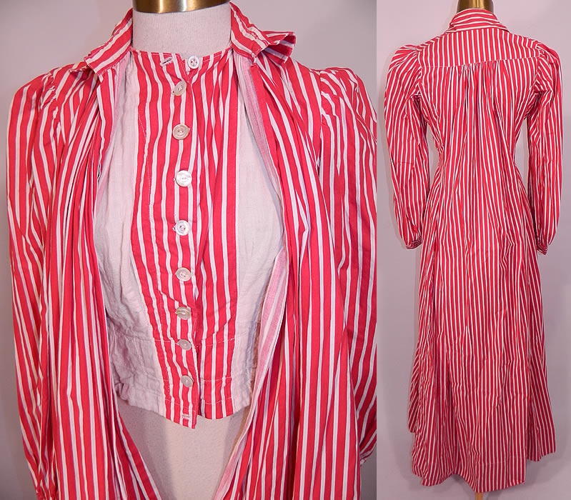 Victorian Red & White Candy Cane Stripe Wrapper Morning Robe Dress Gown. The dress measures 60 inches long, with 40 inch hips, a 40 inch waist, 34 inch bust, 12 inch back and 25 inch long sleeves. This wonderful wrapper morning gown dress is in good condition and looks to have never been worn. 