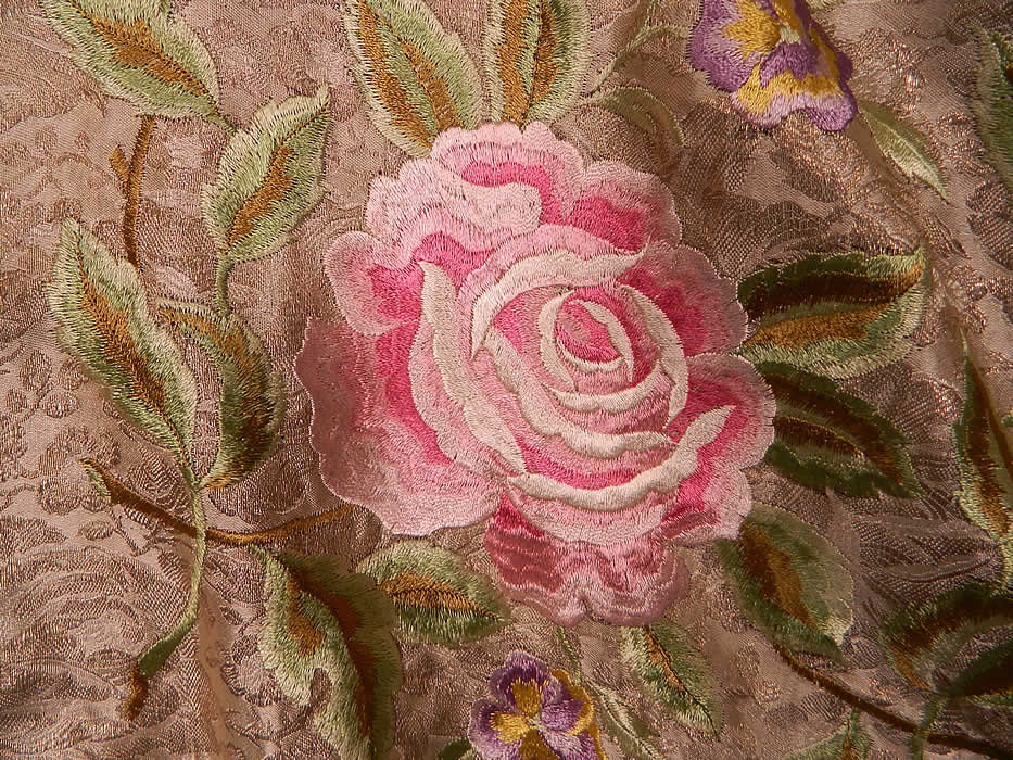 Vintage Embroidered Pink Roses Purple Pansies Silver Lame Lamé Cream Silk Shawl.  There are silk raised padded satin stitch pink roses and purple pansy flowers vine leaf designs embroidered across the center.