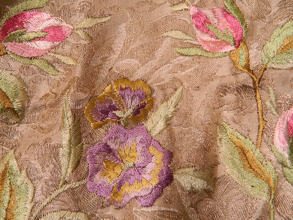 Vintage Embroidered Pink Roses Purple Pansies Silver Lame Lamé Cream Silk Shawl. This sensational shawl cape like wrap measures 50 by 34 inches, with a 10 inch border trim edging. 