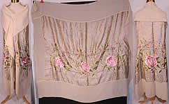 Vintage Embroidered Pink Roses Purple Pansies Silver Lame Lamé Cream Silk Shawl