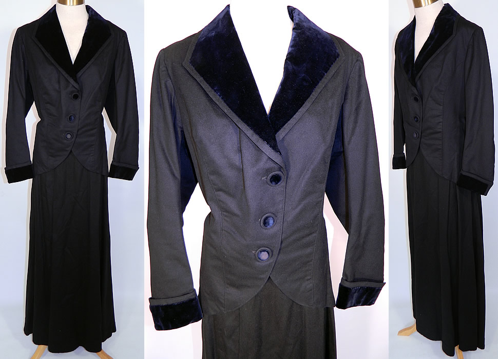 Edwardian Black Wool Velvet Lapel Trim Winter Walking Suit Jacket Coat & Skirt. This antique Edwardian era black wool velvet lapel trim winter walking suit jacket coat and skirt date from 1910. It is made of a black soft wool fabric, with a dark midnight blue velvet lapel collar, cuffs and button trim. 