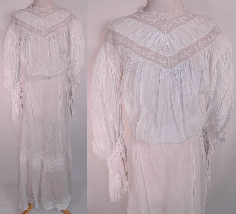 Edwardian White Batiste Lawn Lace Wedding Dress Blouse Skirt Train. This vintage Edwardian era white batiste lawn lace wedding dress, blouse and skirt train dates from 1905. It is made of a sheer fine white cotton batiste lawn fabric with pleated tucks, gathers and Valenciennes lace trim inserts.