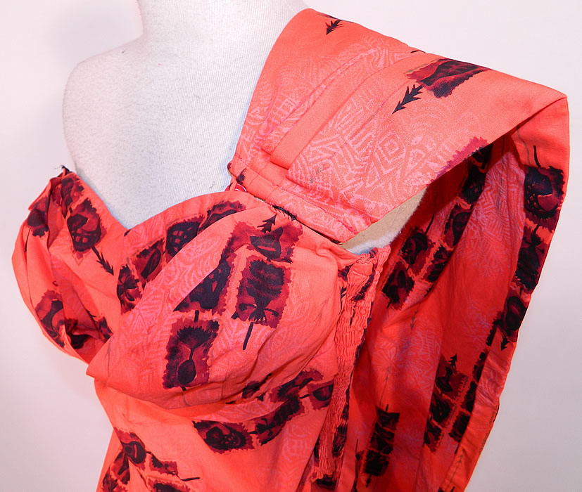 Vintage Hale Hawaii Red Hawaiian Tapa Print Cotton Sarong Dress Stole Wrap Shawl. The dress measures 33 inches long, with 36 inch hips, a 24 inch waist and 34 inch bust. 