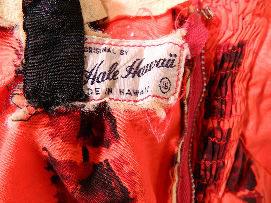 Vintage Hale Hawaii Red Hawaiian Tapa Print Cotton Sarong Dress Stole Wrap Shawl. There is an "Original By Hale Hawaii Made in  Hawaii' label and size 16 tag sewn inside. 