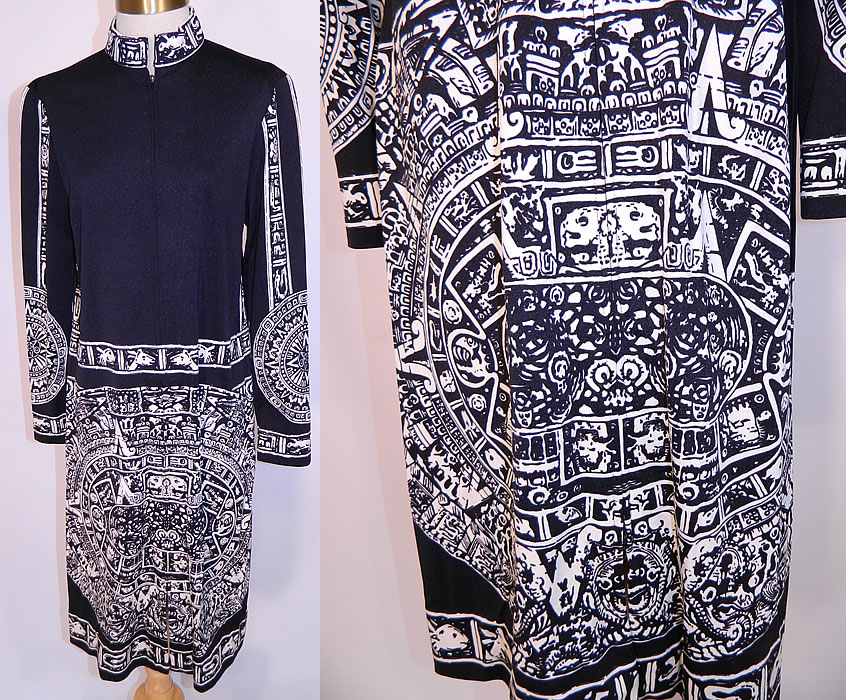 Vintage Paganne Gene Berk Black & White Aztec Mayan Calendar Print Belted Dress. This vintage Paganne Gene Berk black and white Aztec Mayan print belted dress dates from the 1970s. It is made of a black and white polyester jersey knit fabric, with an Aztec Mayan calendar print design. 