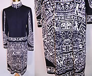 Vintage Paganne Gene Berk Black & White Aztec Mayan Calendar Print Belted Dress