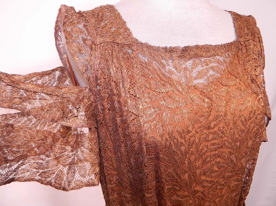 Vintage Copper Lamé Lace Belted Peplum Evening Gown Dress & Slip. 