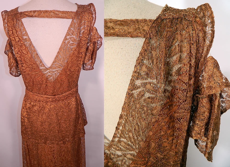 Vintage Copper Lamé Lace Belted Peplum Evening Gown Dress & Slip. The dress measures 58 inches long, with 36 inch hips, a 30 inch waist and 36 inch bust. It is in good condition, with only a few small frays on the net sleeve trim (see close-up). This is truly a rare copper color and wonderful piece of wearable art! 