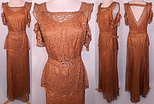 Vintage Copper Lamé Lace Belted Peplum Evening Gown Dress & Slip