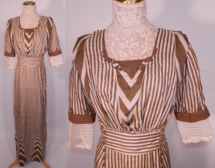 Edwardian Brown & White Cream Silk Striped Lace High Collar Dress Gown. This antique Edwardian era brown and white cream silk striped lace high collar dress gown dates from 1910...