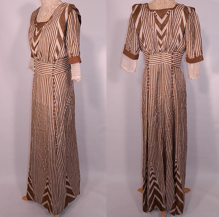 Edwardian Brown & White Cream Silk Striped Lace High Collar Dress Gown. This stunning striped dress has a high  collar, 3/4 length sleeves with pleated white cuffs, a fitted waist, silk covered button trim accents and hook closures on the back.