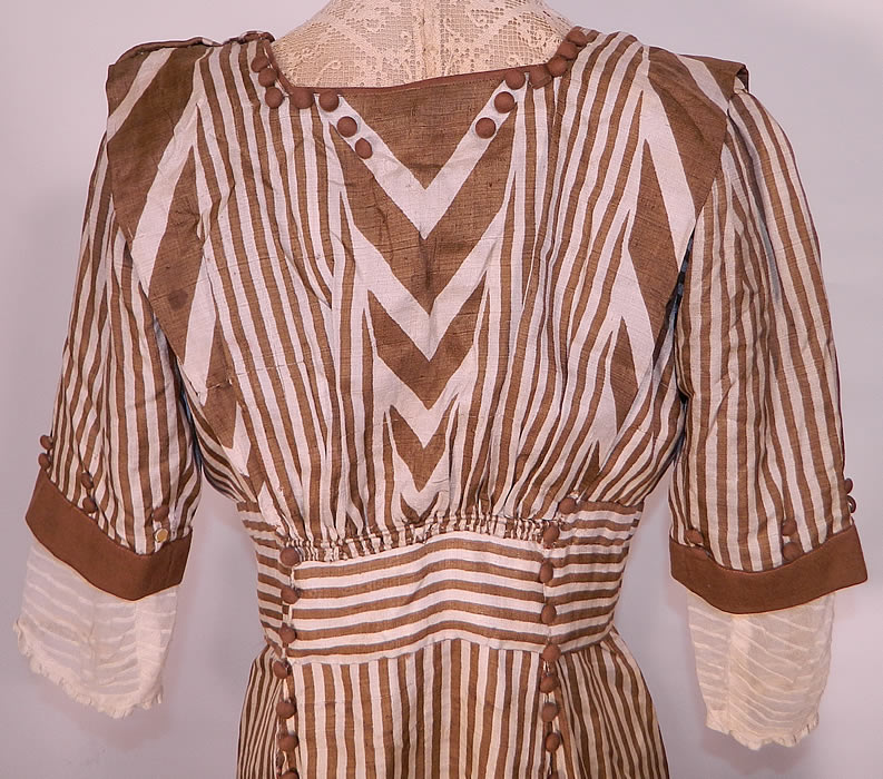 Edwardian Brown & White Cream Silk Striped Lace High Collar Dress Gown. 