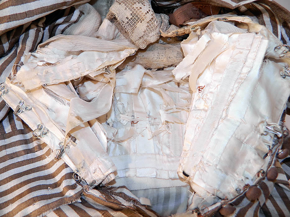 Edwardian Brown & White Cream Silk Striped Lace High Collar Dress Gown.  It is in good condition, but has not been cleaned, with a few  faint small age spots  stains, slight underarm discoloration, a few tiny frays on one sleeve and the inside silk lining is shattered & frayed (see close-up). This is truly an exceptional quality custom made piece of wearable art! 