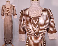 Edwardian Brown & White Cream Silk Striped Lace High Collar Dress Gown