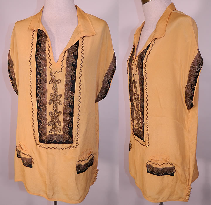 Vintage Art Deco Yellow Silk Black Applique Gold Lamd Lamé Embroidered Flapper Blouse. This vintage Art Deco yellow silk, black applique gold lamé embroidered flapper blouse dates from the 1920s.