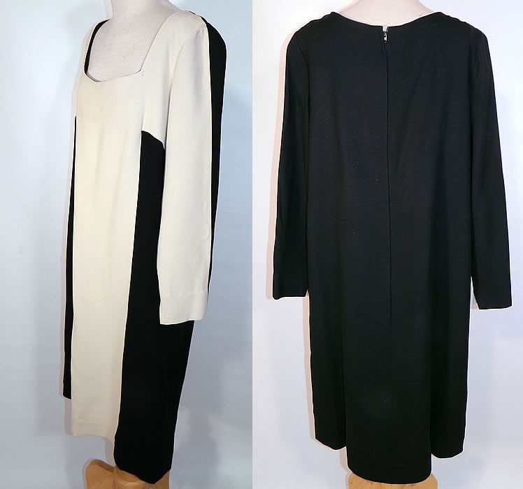 Vintage Mr. Blackwell Design Black & White Mod Color Block Silk Shift Dress. This magnificent mod dress has a loose fitting shift style, with long sleeves, a squared neckline, back zipper closure and is fully lined. 