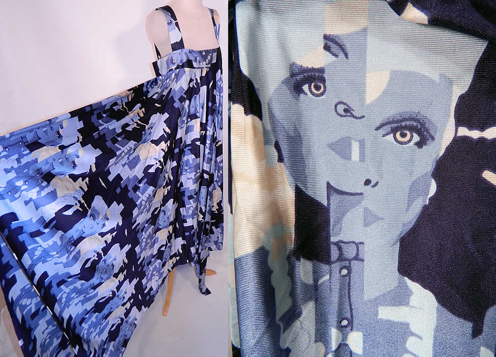 Vintage Mr. Blackwell Design Blue Mod Twiggy Faces Print Trapeze Tent Dress. 