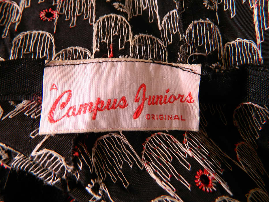 Vintage Red Black White Eyelet Embroidered Stitching Circle Skirt Dress & Shrug Jacket.There is  "A Campus Juniors Original" label sewn inside. It is in good condition. This is truly a wonderful piece of wearable art! 