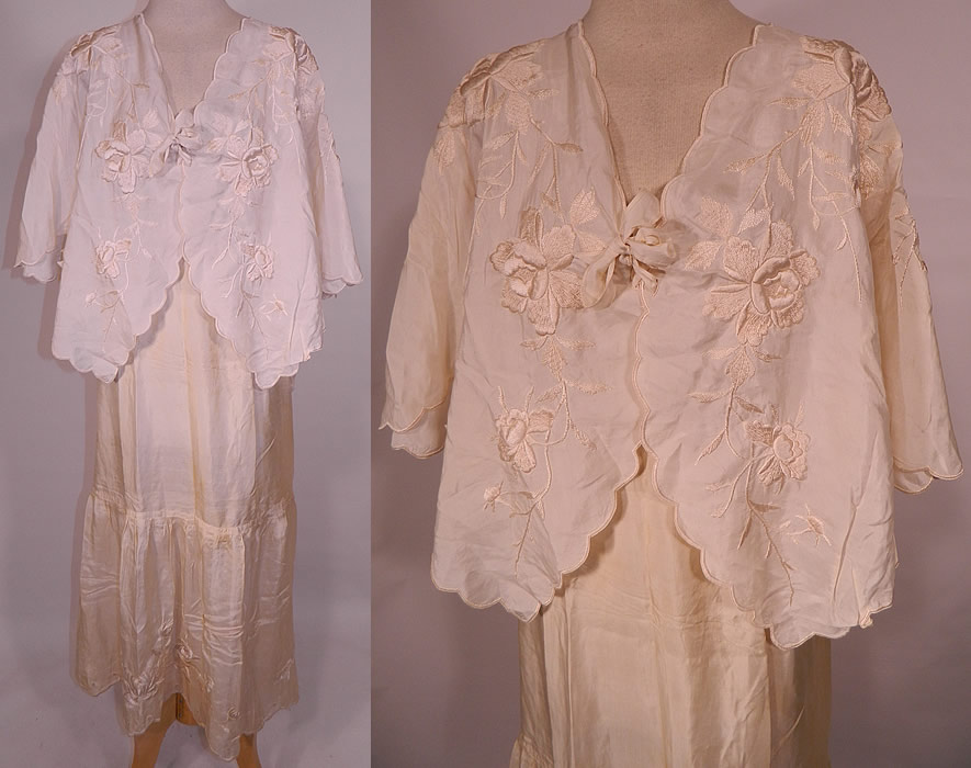 Edwardian Cream Silk  Embroidered Bed Jacket Robe Petticoat Skirt Trousseau. This antique Edwardian era cream silk embroidered bed jacket robe petticoat skirt trousseau dates from 1910. 