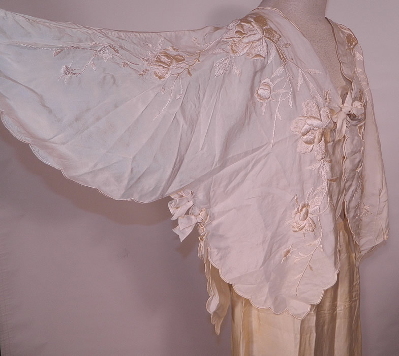 Edwardian Cream Silk  Embroidered Bed Jacket Robe Petticoat Skirt Trousseau. There are embroidered vine leaf roses on the top and spider chrysanthemum flowers on the bottom skirt.