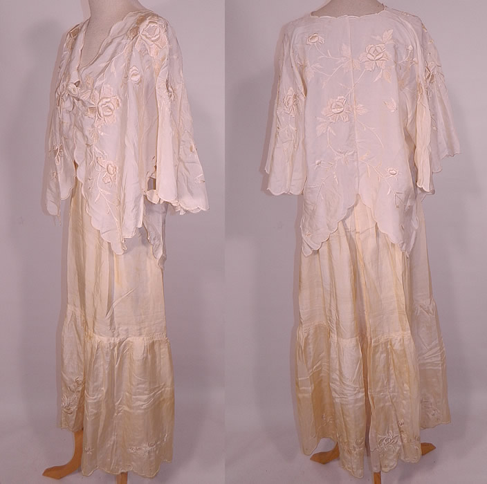 Edwardian Cream Silk  Embroidered Bed Jacket Robe Petticoat Skirt Trousseau. This beautiful bridal two piece wedding trousseau lingerie includes a loose fitting bed jacket robe, with flared wide bat wing sleeves, ribbon ties under the arms and on front for closure, with scalloped trim edging. 