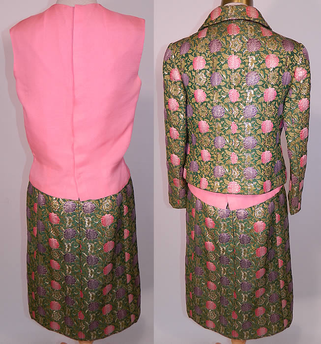 Vintage Christian Dior Floral Lame Lamé Suit Jacket Skirt & Pink Silk Blouse. The jacket measures 17 inches long, with  a 34 inch waist, 34 inch bust, 13 1/2 inch back and 20 inch long sleeves. There is a matching fabric skirt, fully lined, with a back zipper closure. 