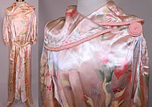 Vintage Pink Satin Tulip Water Color Pastel Print Peignoir Dressing Gown Belted Robe