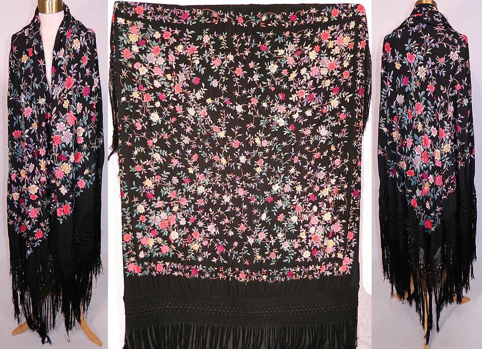 Antique Black Silk Floral Roses Pastel Embroidered  Canton Piano Shawl. This antique black silk floral roses pastel embroidered Canton piano shawl dates from the 1920s. It is hand stitched and made of a black silk fabric background with colorful pastel silk raised padded satin stitch hand embroidery work.