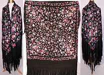 Antique Black Silk Floral Roses Pastel Embroidered  Canton Piano Shawl