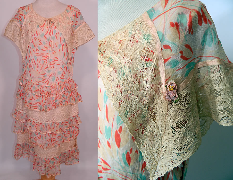 Vintage Silk Chiffon Tulip Print Lace Shawl Collar Ruffle Rosette Trim Drop Waist Dress. This vintage silk chiffon tulip print lace shawl collar ruffle rosette trim drop waist dress dates from the 1920s. It is made of pastel shades of pink, red, orange and mint green silk chiffon fabric, with an abstract tulip flower print design.