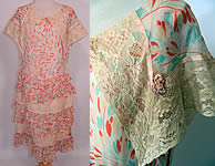 Vintage Silk Chiffon Tulip Print Lace Shawl Collar Ruffle Rosette Trim Drop Waist Dress