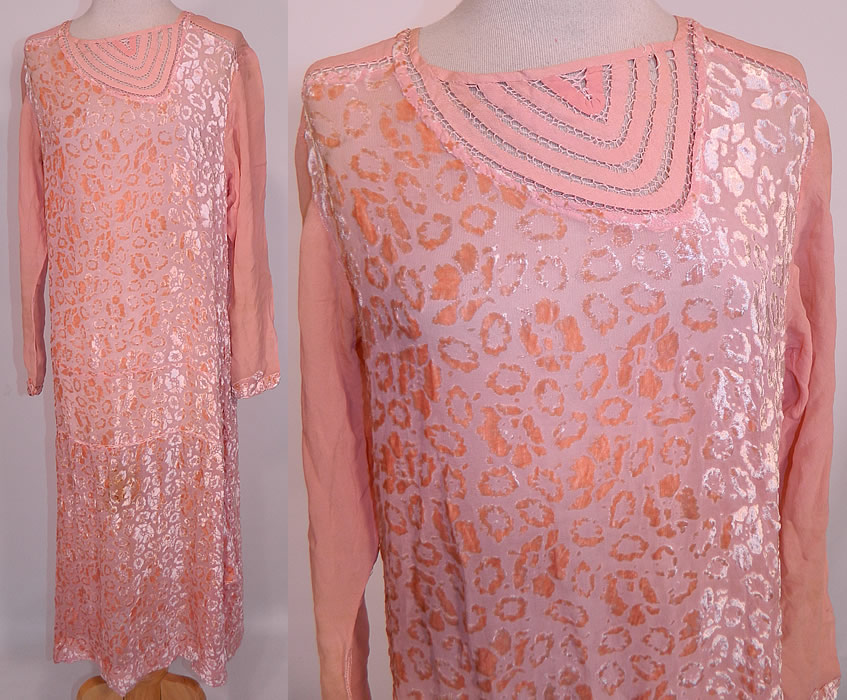 Vintage Art Deco Pink Pastel Silk Burnout Voided Velvet Drop Waist Flapper Dress. This vintage Art Deco pink pastel silk burnout voided velvet drop waist flapper dress dates from the 1920s. It is made of pink pastel silk chiffon burnout voided velvet fabric, with an abstract poppy flower polka dot design.