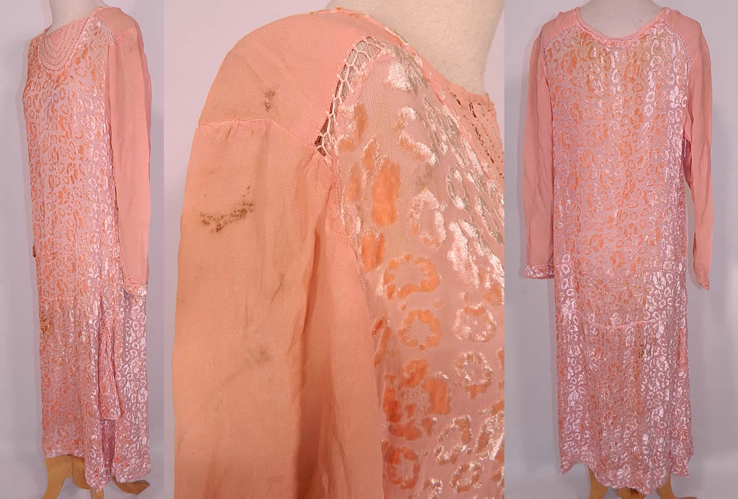 Vintage Art Deco Pink Pastel Silk Burnout Voided Velvet Drop Waist Flapper Dress. It is in good condition, but has not been cleaned, with some small faint stains on the shoulder sleeves and skirt (see close-ups). This is truly a beautiful quality made piece of Art Deco wearable art! 