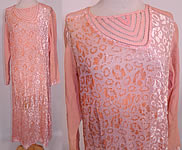 Vintage Art Deco Pink Pastel Silk Burnout Voided Velvet Drop Waist Flapper Dress