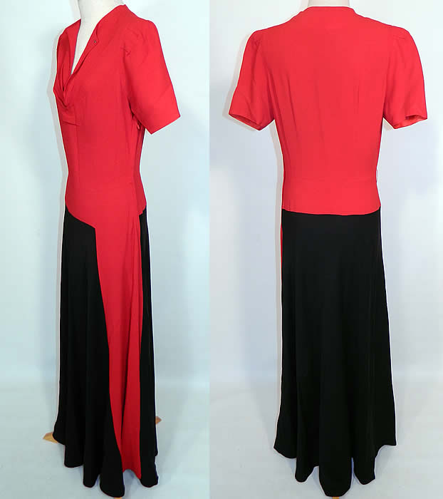 Vintage Red & Black Colorblock Silk Crepe Evening Gown Maxi Dress. The dress measures 58 inches long, with 36 inch hips, a 24 inch waist and 36 inch bust. It is in good clean condition, with only a few tiny pin holes in the skirt. This is truly a wonderful piece of wearable art.