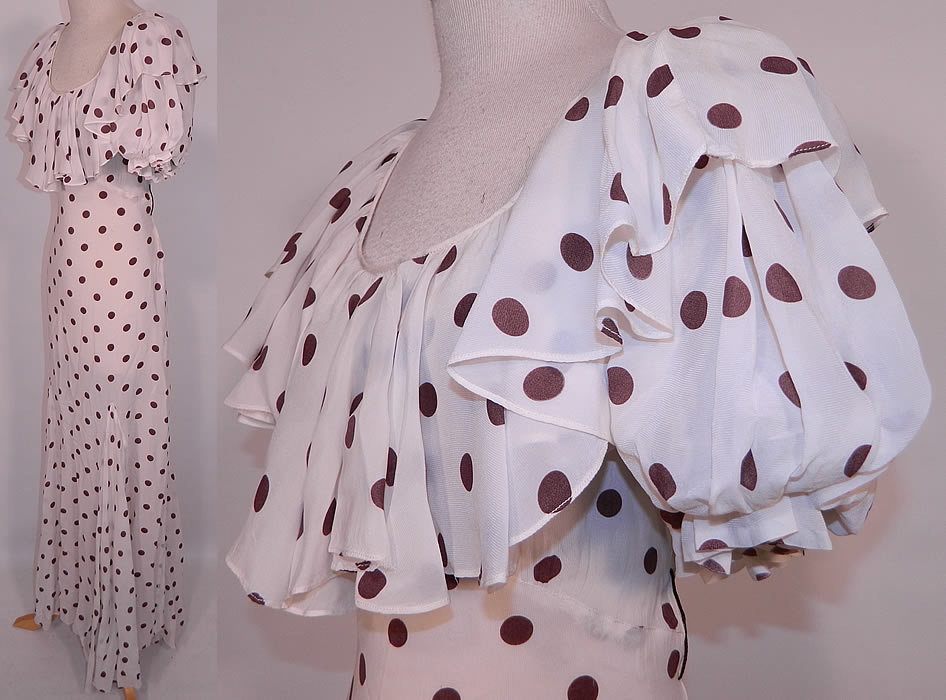 Vintage Brown & White Polka Dot Print Silk  Ruffle Flounce Collar Bias Cut Maxi Dress. This pretty polka dot gown long floor length bias cut dress has a large ruffle flounce shawl collar, short puffy sleeves, full skirt, sheer unlined and has side snap closures. 