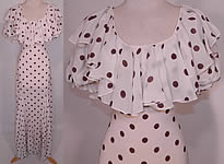 Vintage Brown & White Polka Dot Print Silk  Ruffle Flounce Collar Bias Cut Maxi Dress