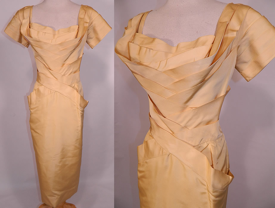 Vintage Ceil Chapman Couture Yellow Silk  Pleated Cocktail Sheath Dress. 