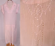 Vintage Pink Cotton White Embroidered Drawn Work Boho Peasant Drop Waist Dress