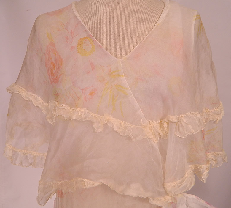 Vintage Over The Garden Wall Pink Roses  White Organdy Ruffle Shawl Collar Bias Cut Dress. It is made of a sheer white polka organdy fabric, with a pastel pale pink and yellow rose floral print. 