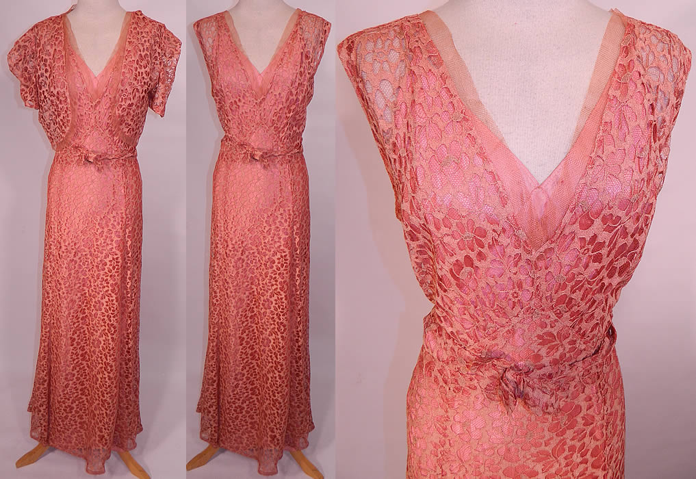 Vintage Pink Floral Cut Work Lace Belted Bias Cut Gown Dress Slip Bolero Jacket. This vintage pink floral cut work lace belted bias cut gown dress, slip and bolero jacket dates from the 1930s. It is made of a dusty rose pink color sheer cut work net lace fabric with a floral leaf pattern design.